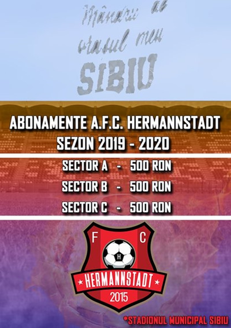 Prețurile la biletele FC Hermannstadt pe Municipal - 50 de lei la tribunele  1 și 2 - Abonamente de la 400 la 3.500 de lei