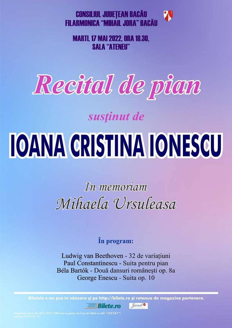 bilete Recital de pian sustinut de Ioana Cristina Ionescu